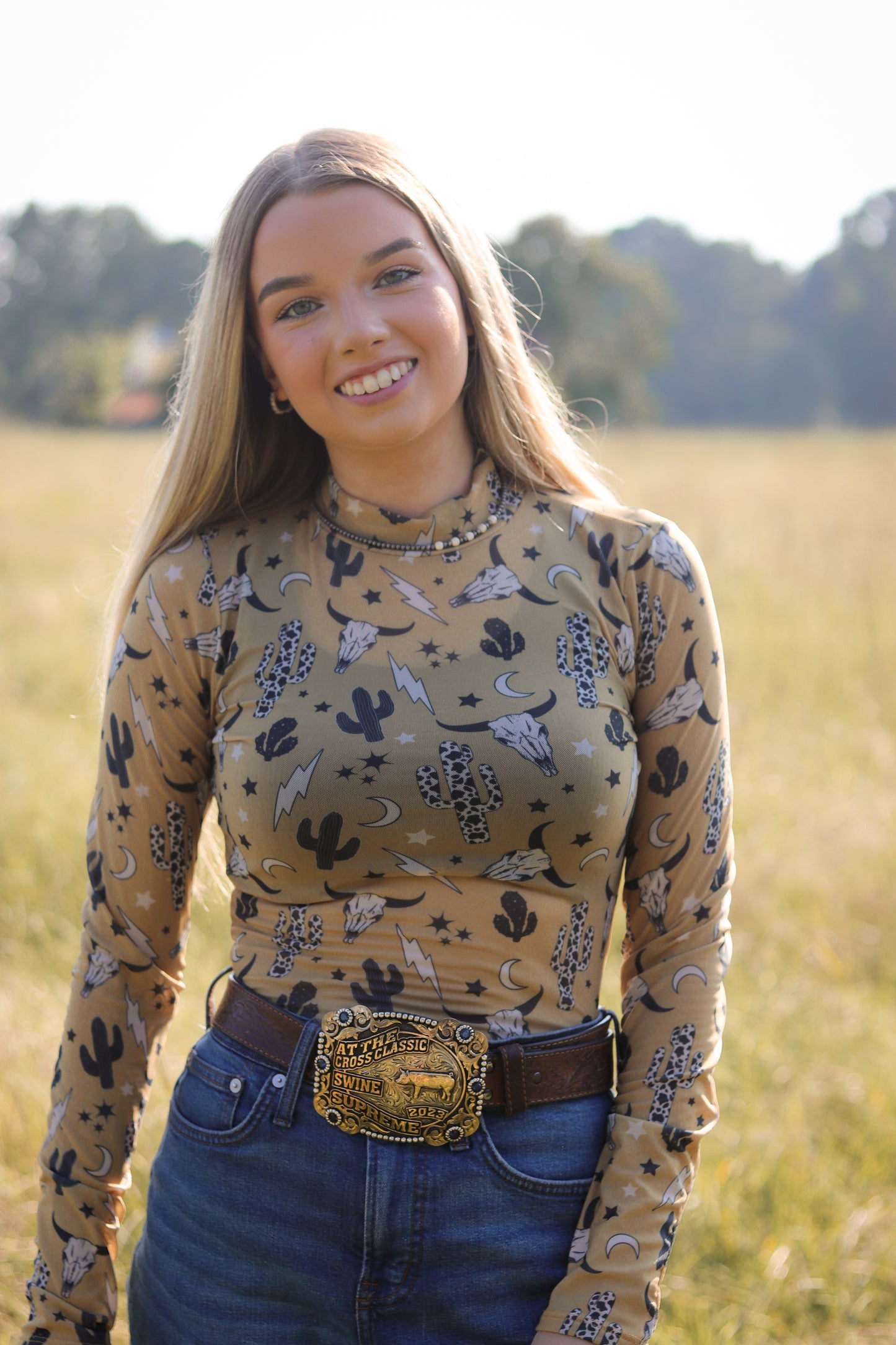 Western Print Mesh Bodysuit