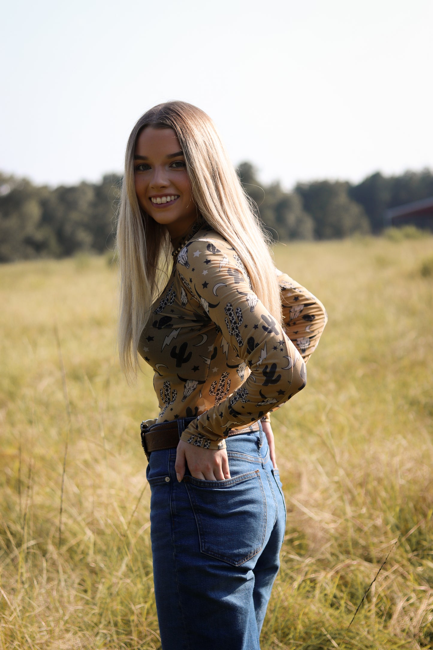 Western Print Mesh Bodysuit