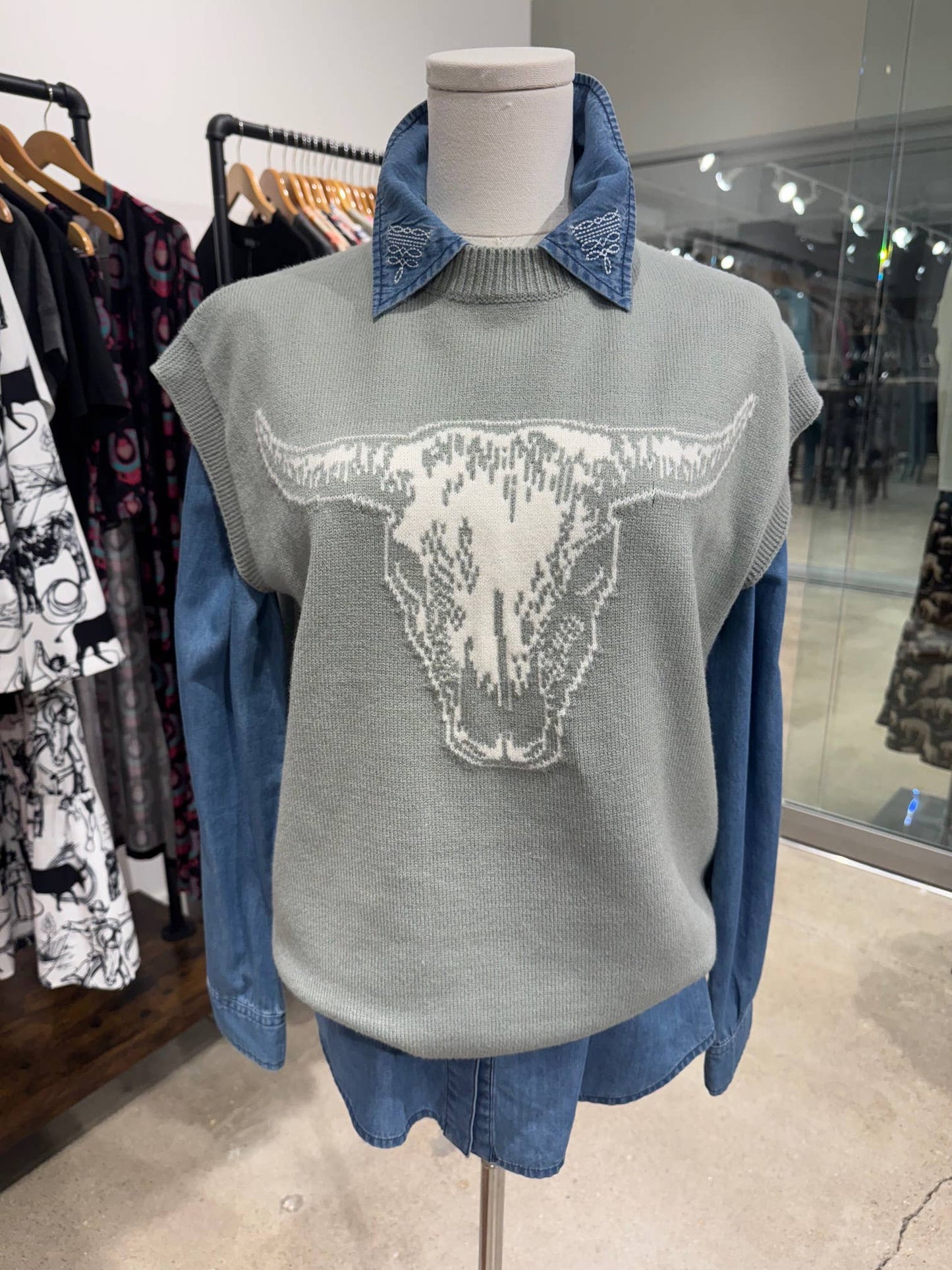 Sage skull western sweater vest top