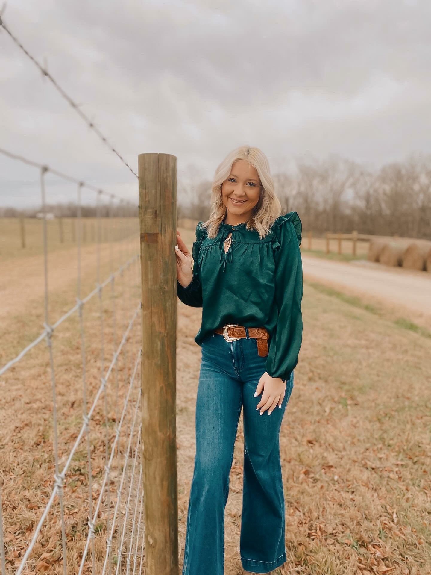 Hunter Green Solid Ruffle Detailed Blouse
