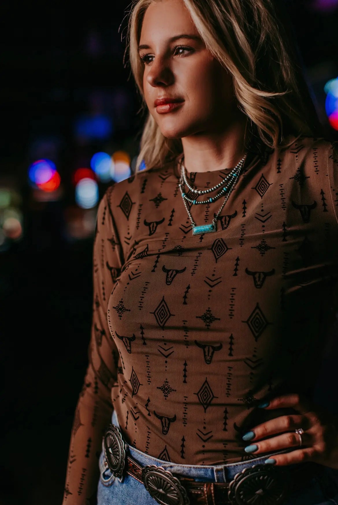 Cow Head Aztec Mesh Top