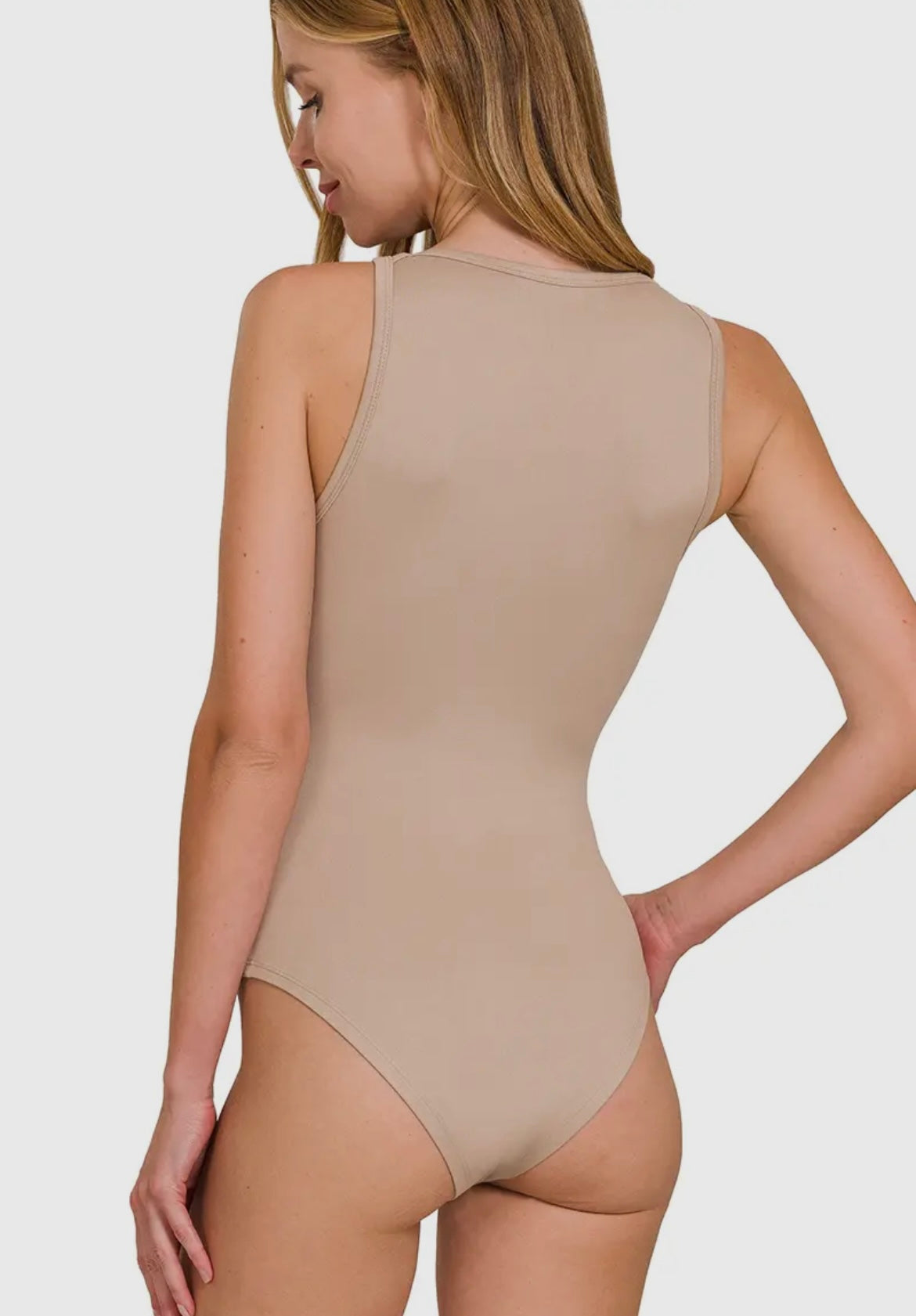 Blue Gray Boat Neck Microfiber Sleeveless Bodysuit