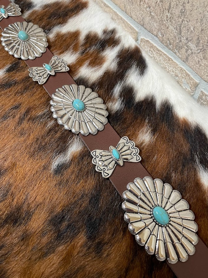 Brown Leather Oval Concho Ribbon Turquoise Stone Belt
