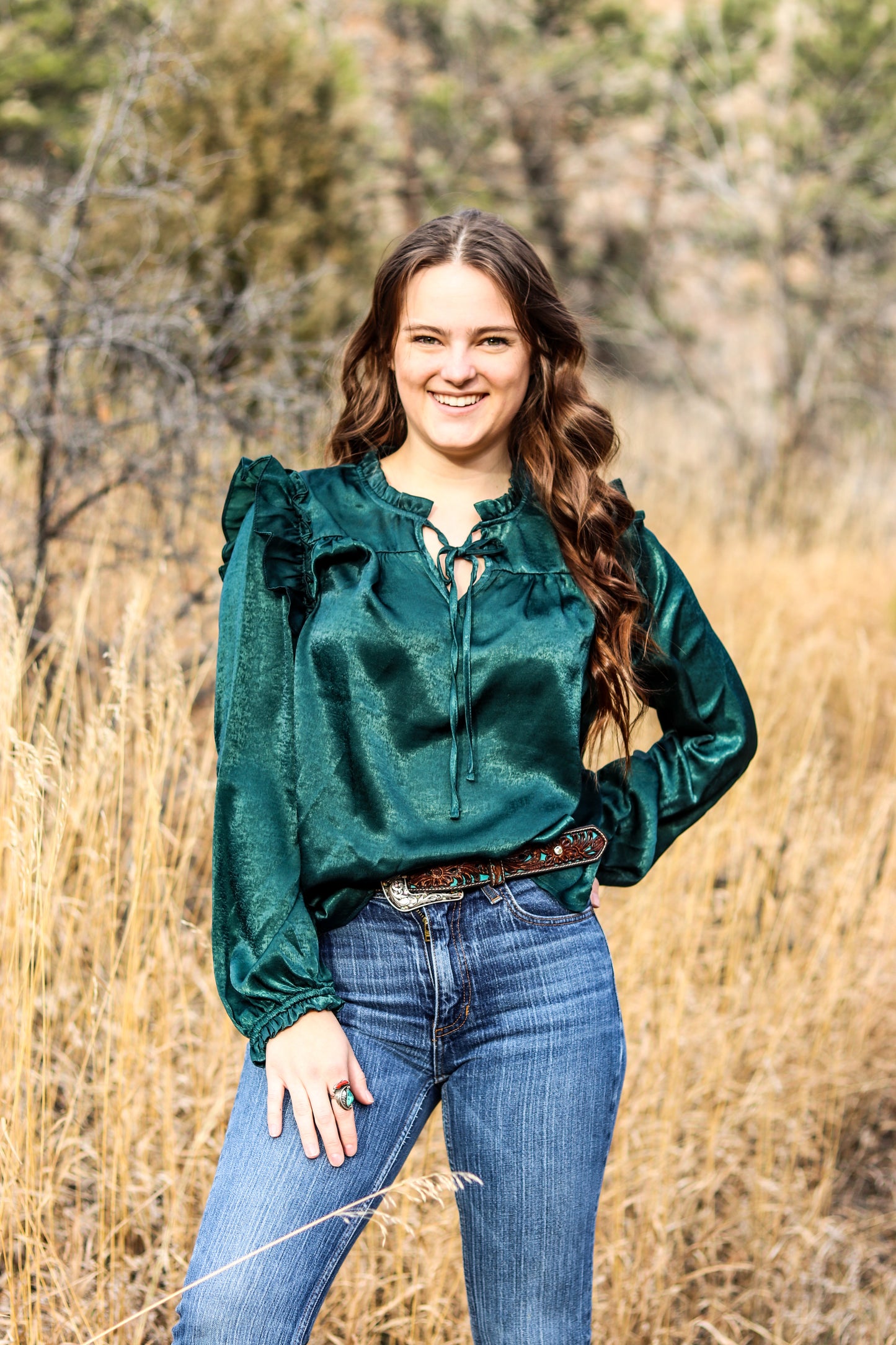 Hunter Green Solid Ruffle Detailed Blouse