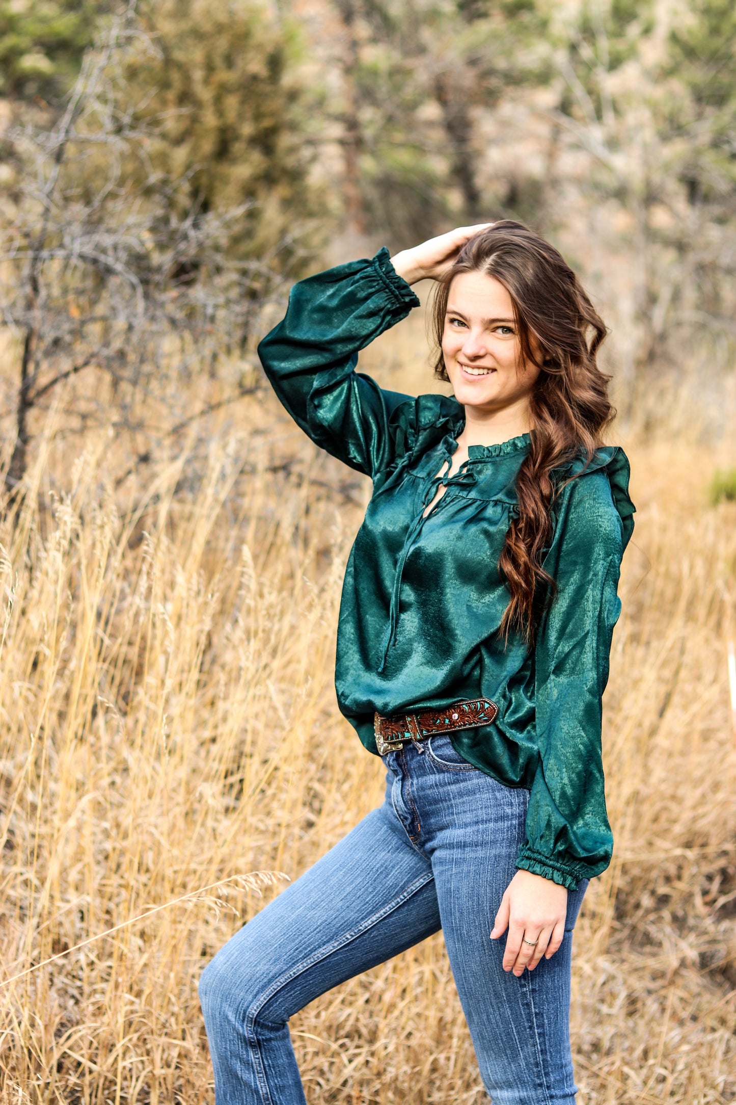 Hunter Green Solid Ruffle Detailed Blouse