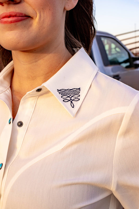 Boot stitch embroidered white top