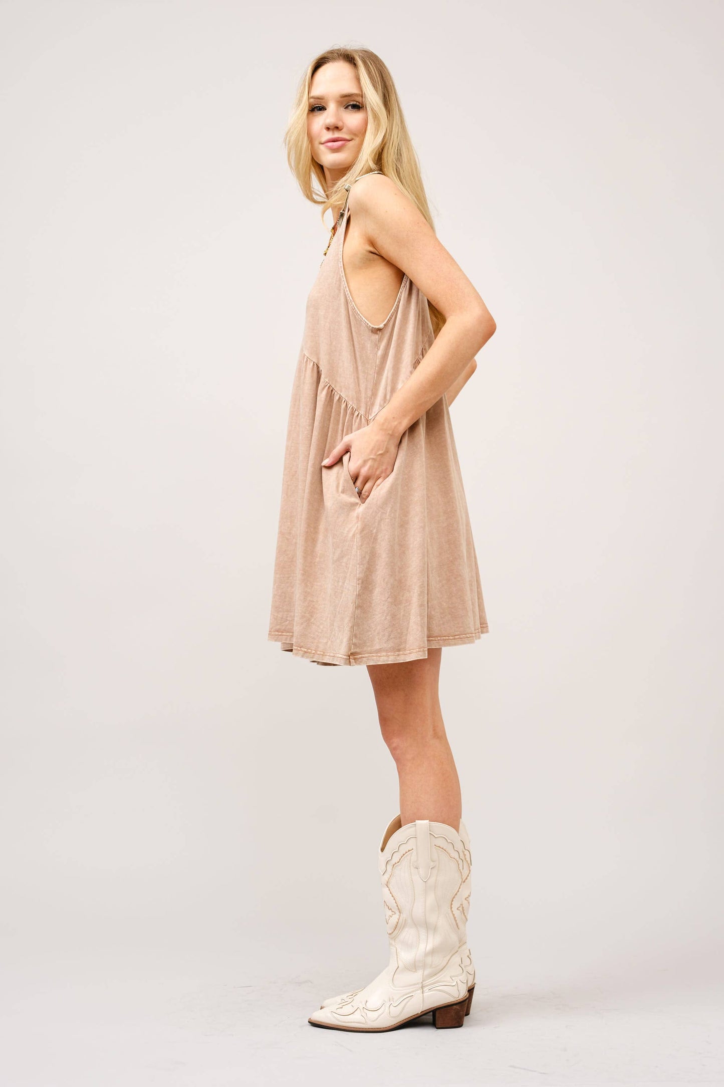 Taupe V Neck Buckle Babydoll Dress
