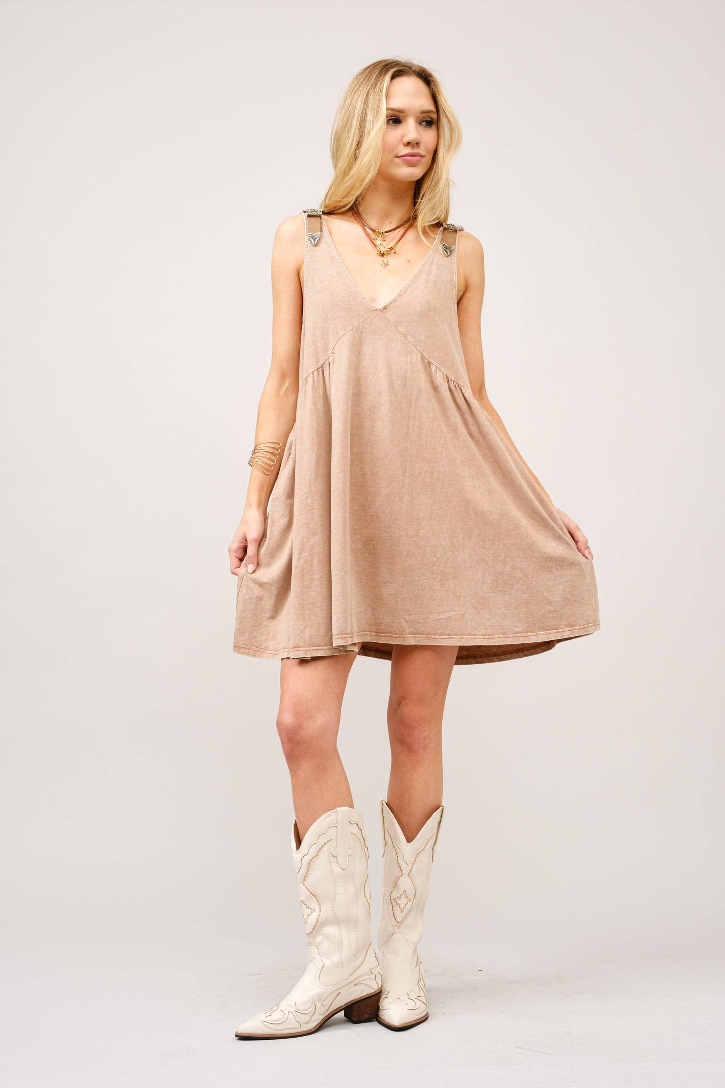 Taupe V Neck Buckle Babydoll Dress