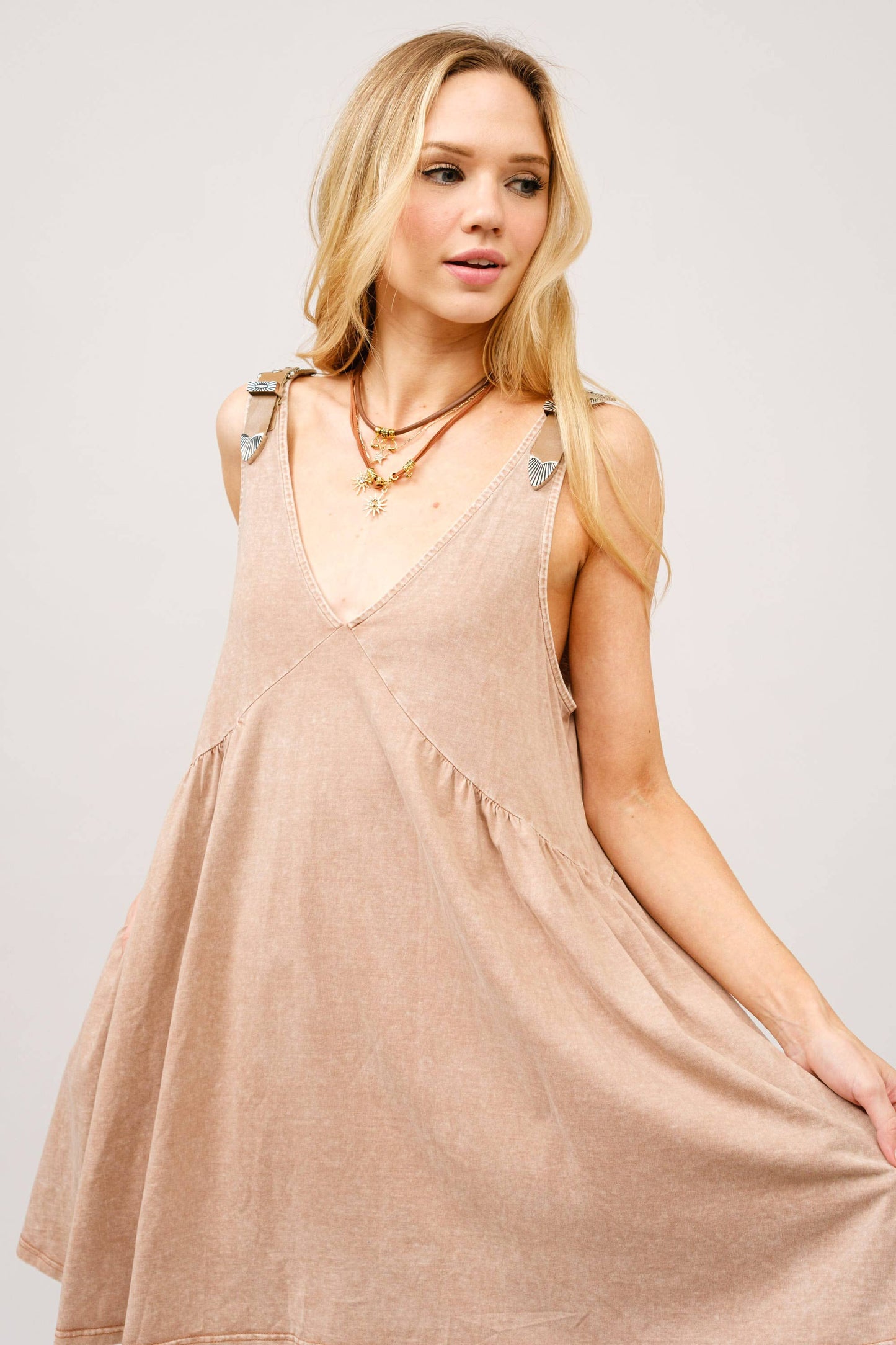 Taupe V Neck Buckle Babydoll Dress