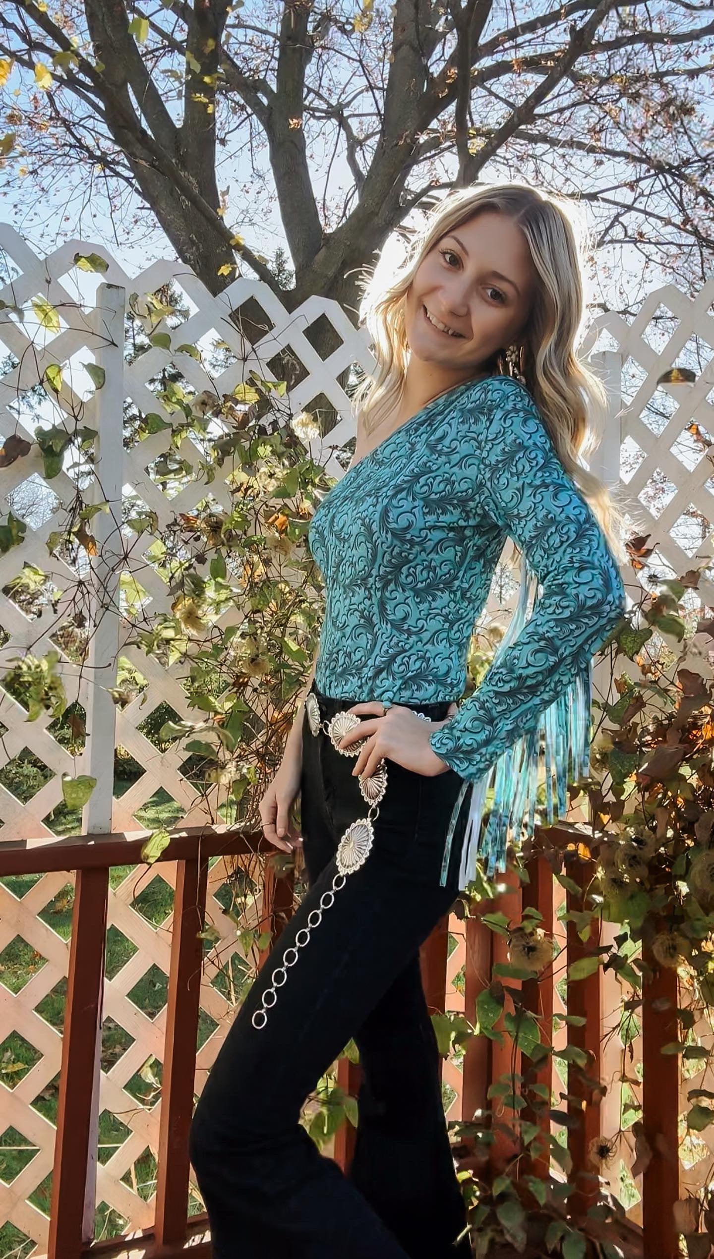 Turquoise Tooled One Shoulder Fringe Bodysuit