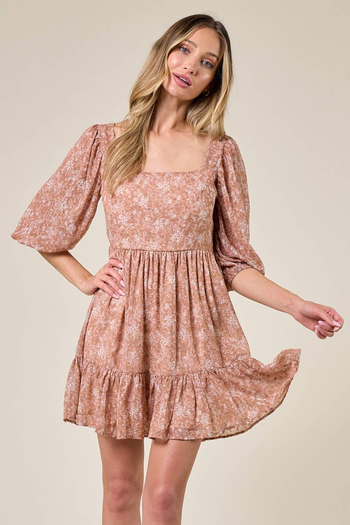 SQUARE NECK FLORAL RUFFLED DRESS