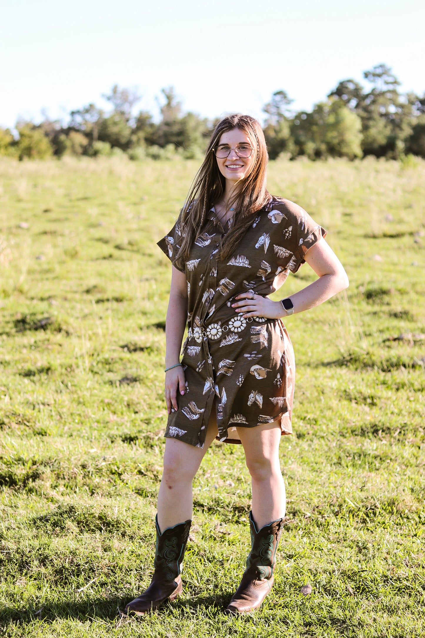 Western Print Button Down Dress