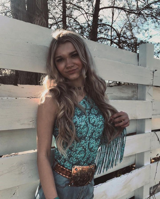 Turquoise Tooled One Shoulder Fringe Bodysuit