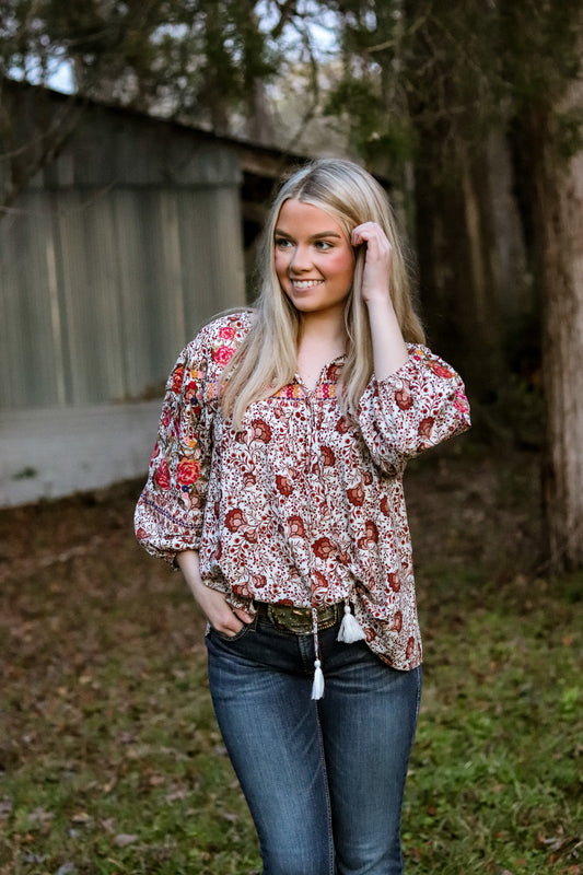 V-neck Embroidered Top