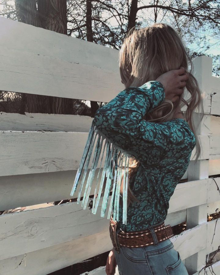 Turquoise Tooled One Shoulder Fringe Bodysuit