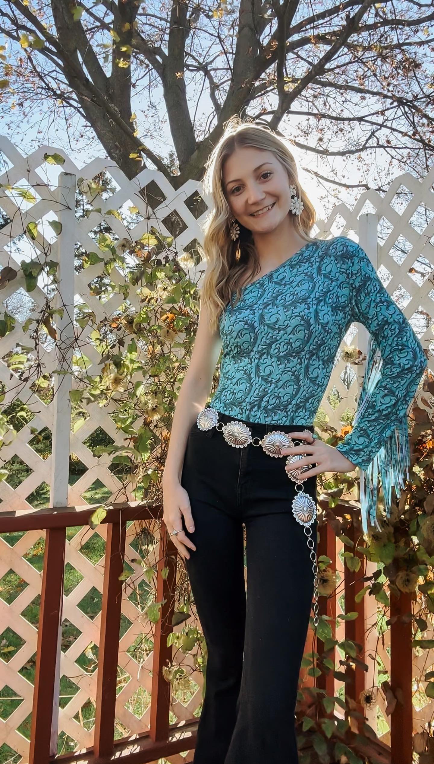 Turquoise Tooled One Shoulder Fringe Bodysuit