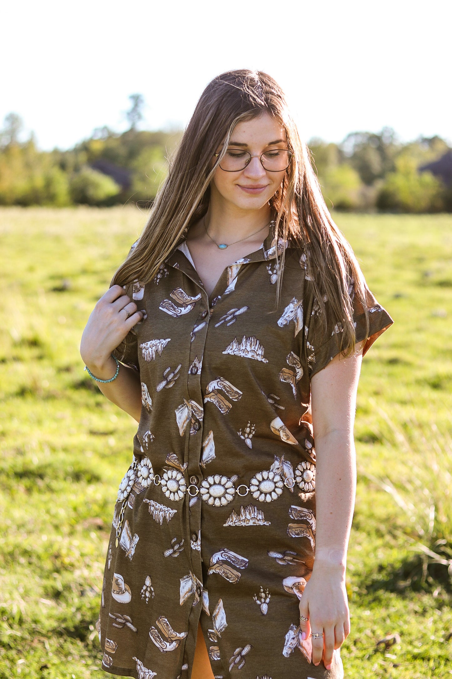 Western Print Button Down Dress