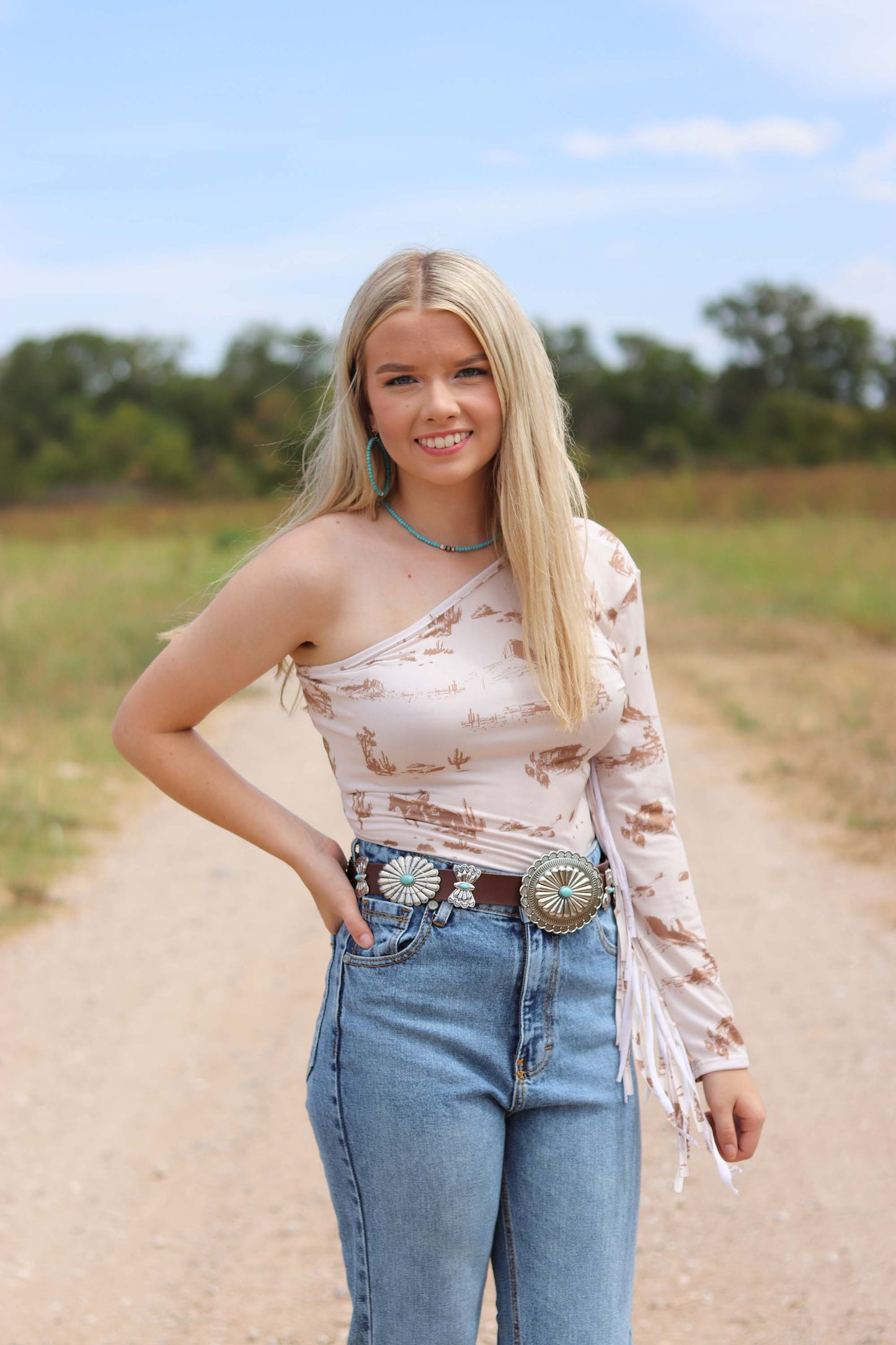 Cream Desert Cowboy One Shoulder Fringe Bodysuit