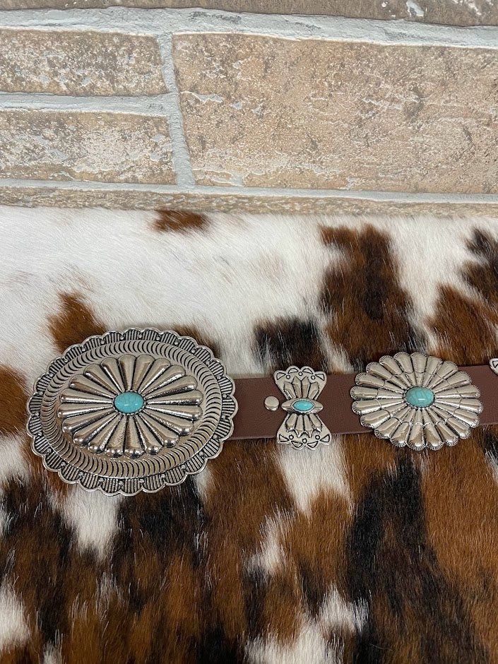 Brown Leather Oval Concho Ribbon Turquoise Stone Belt