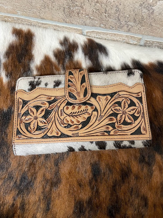 Brown Tooled Leather Cowhide Western Wallet