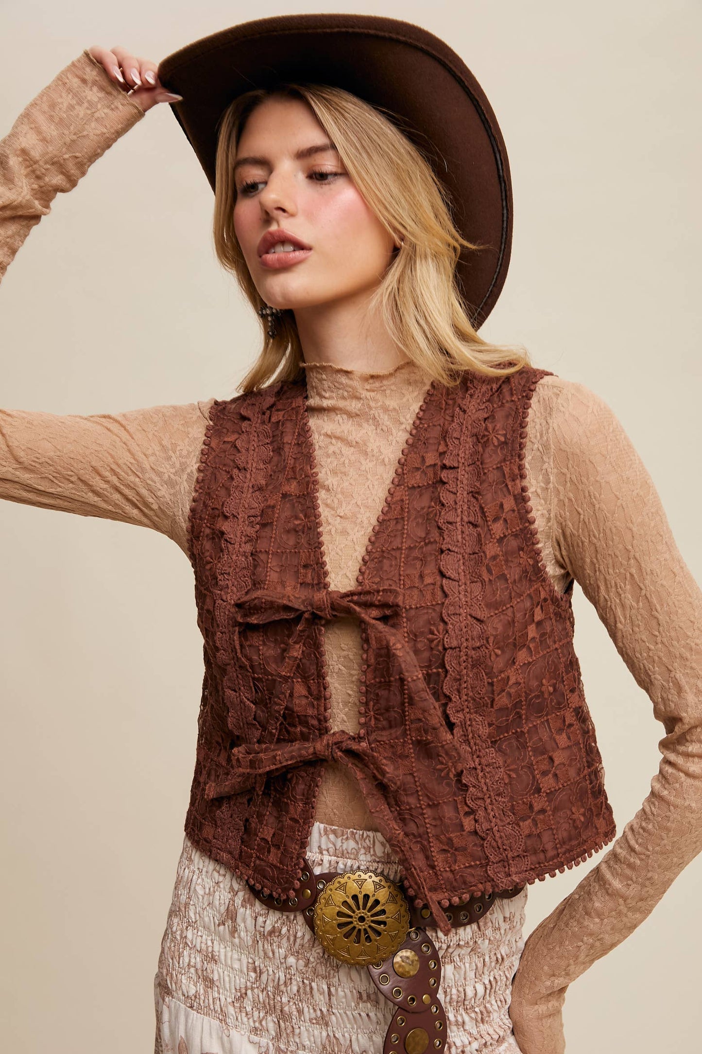 Embroidered Lace Tie-Front Vest