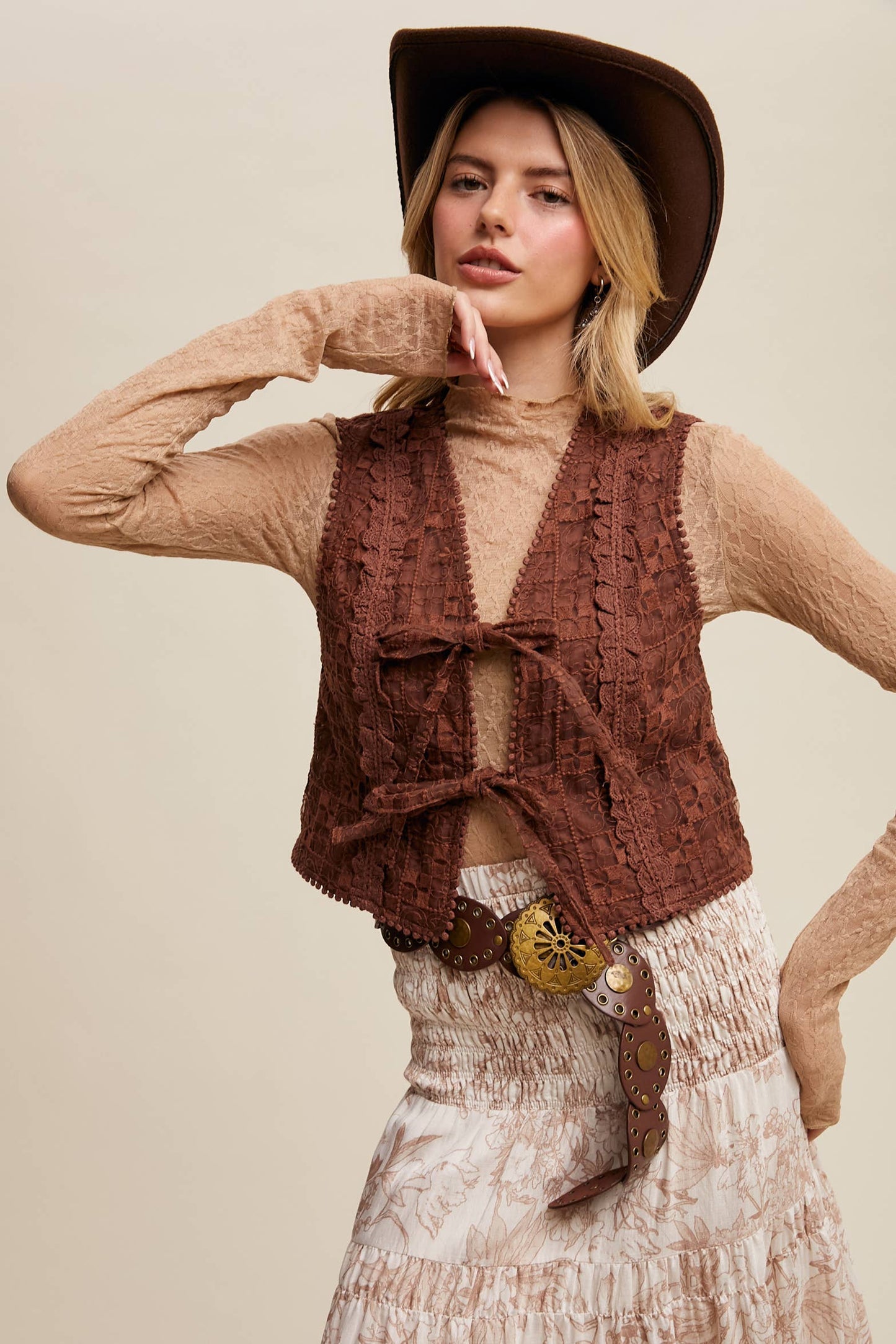 Embroidered Lace Tie-Front Vest