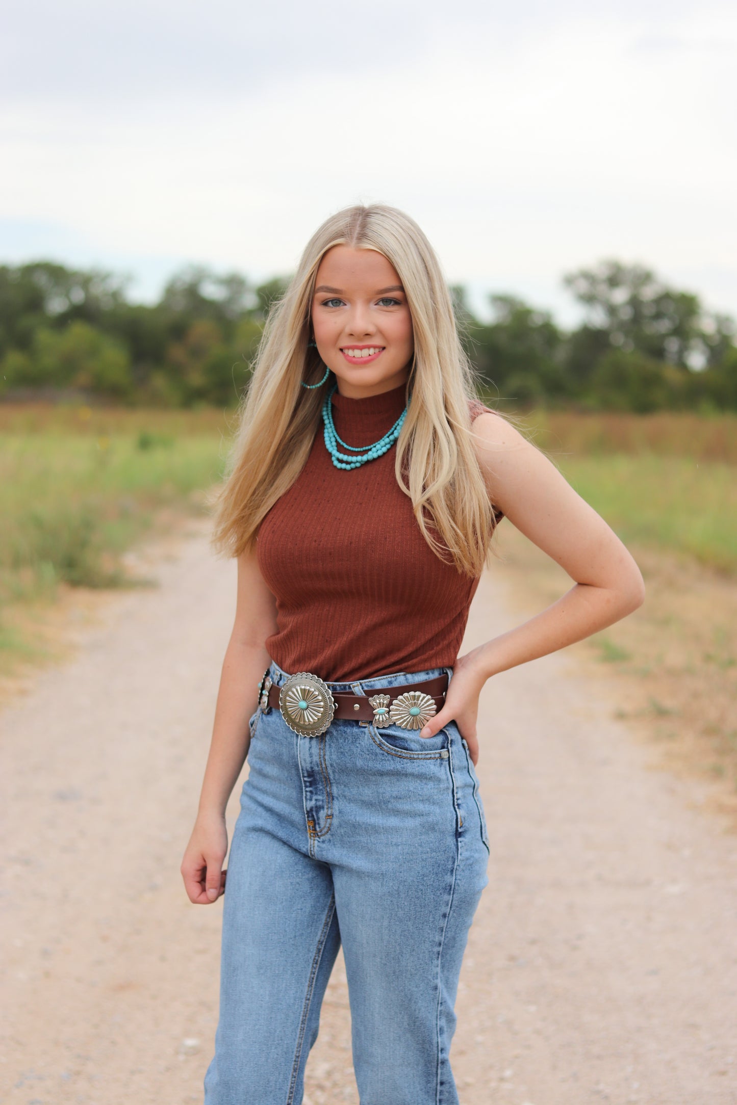 Brown Leather Oval Concho Ribbon Turquoise Stone Belt