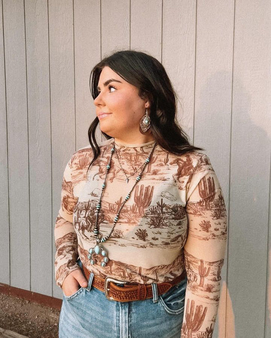 Western Print Mock Neck Mesh Top