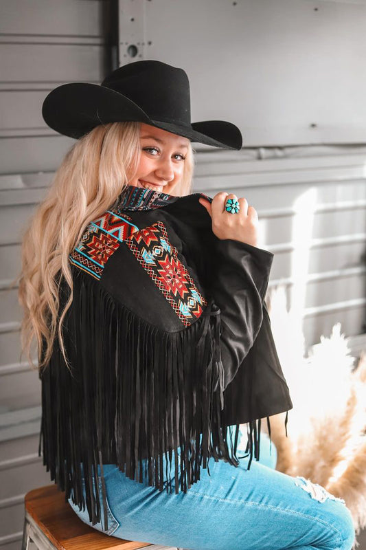 Embroidered Suede Fringe Jacket